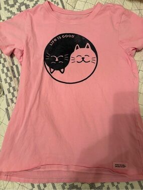 Life Is Good Pink Tee with Black Cat Yin-Yang Graphic XS